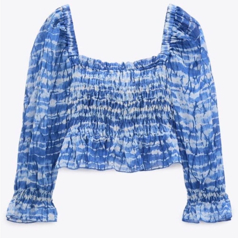 Zara Blue and White Smocked Blouse